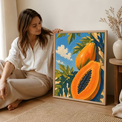 Papaya Poster, Tropical Fruit Wall Art, Vintage Botanical Decor