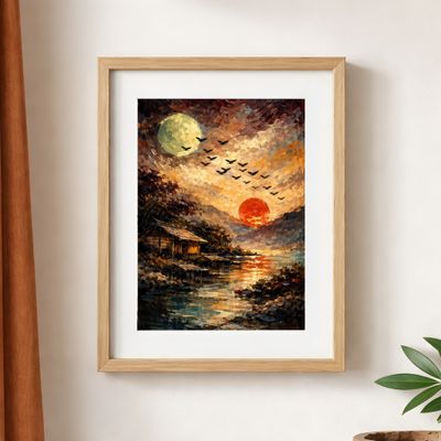 Moon and Sunset Wall Art, Rustic Lakeside Landscape Poster, Painterly Sky Birds