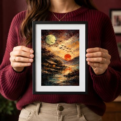 Moon and Sunset Wall Art, Rustic Lakeside Landscape Poster, Painterly Sky Birds