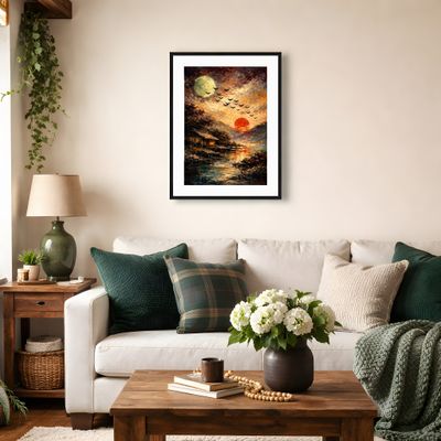 Moon and Sunset Wall Art, Rustic Lakeside Landscape Poster, Painterly Sky Birds