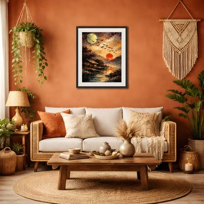 Moon and Sunset Wall Art, Rustic Lakeside Landscape Poster, Painterly Sky Birds