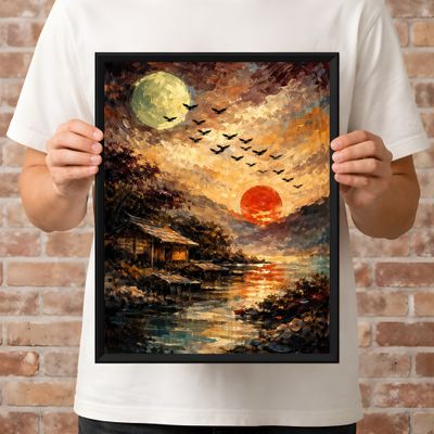 Moon and Sunset Wall Art, Rustic Lakeside Landscape Poster, Painterly Sky Birds