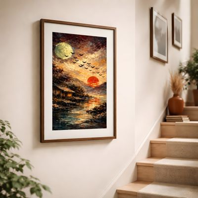 Moon and Sunset Wall Art, Rustic Lakeside Landscape Poster, Painterly Sky Birds