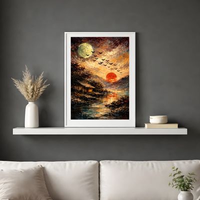 Moon and Sunset Wall Art, Rustic Lakeside Landscape Poster, Painterly Sky Birds