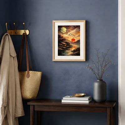 Moon and Sunset Wall Art, Rustic Lakeside Landscape Poster, Painterly Sky Birds