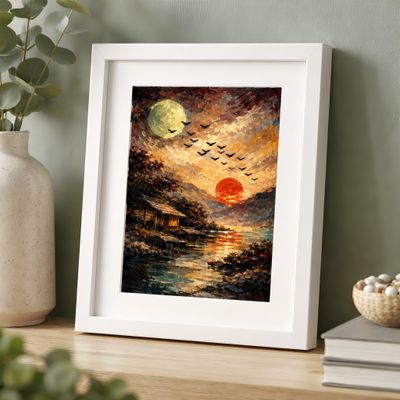 Moon and Sunset Wall Art, Rustic Lakeside Landscape Poster, Painterly Sky Birds