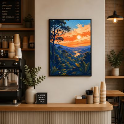 Tropical Sunset Wall Art, Jungle Landscape Matte Poster
