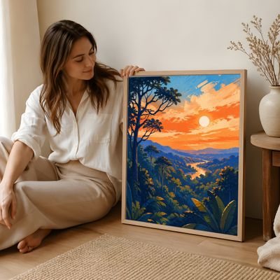 Tropical Sunset Wall Art, Jungle Landscape Matte Poster