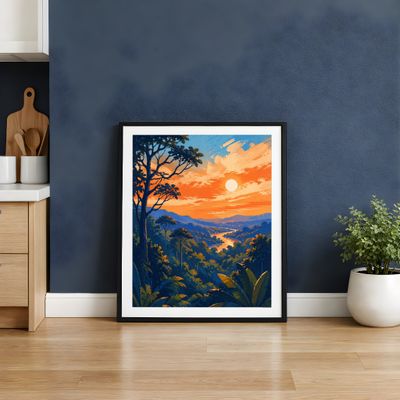Tropical Sunset Wall Art, Jungle Landscape Matte Poster