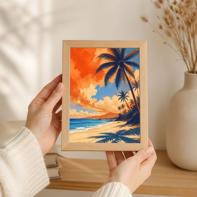 Tropical Beach Wall Art, Palm Tree Coastal Poster, Hawaiian Sunset Decor