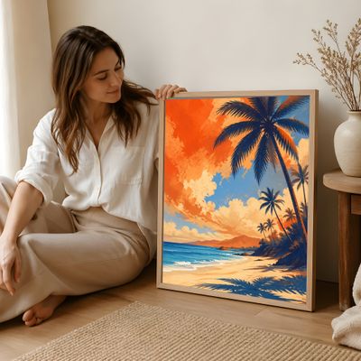 Tropical Beach Wall Art, Palm Tree Coastal Poster, Hawaiian Sunset Decor