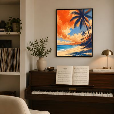 Tropical Beach Wall Art, Palm Tree Coastal Poster, Hawaiian Sunset Decor
