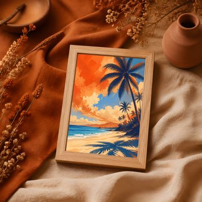 Tropical Beach Wall Art, Palm Tree Coastal Poster, Hawaiian Sunset Decor