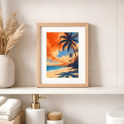 Tropical Beach Wall Art, Palm Tree Coastal Poster, Hawaiian Sunset Decor