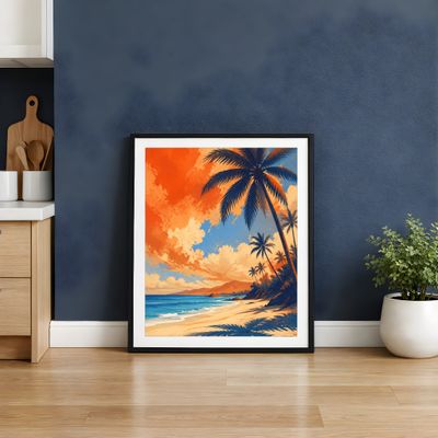 Tropical Beach Wall Art, Palm Tree Coastal Poster, Hawaiian Sunset Decor