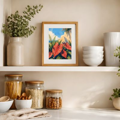 Tropical Botanical Wall Art, Mediterranean Coastal Poster, Terracotta Leaf Decor