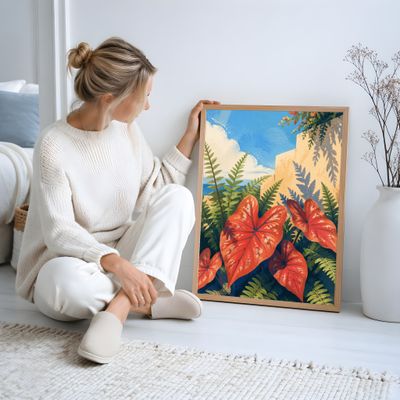 Tropical Botanical Wall Art, Mediterranean Coastal Poster, Terracotta Leaf Decor