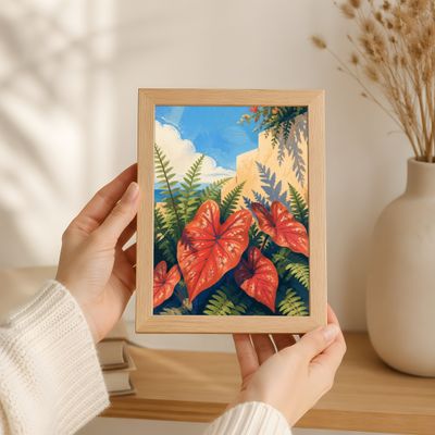 Tropical Botanical Wall Art, Mediterranean Coastal Poster, Terracotta Leaf Decor