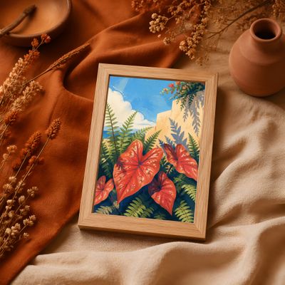 Tropical Botanical Wall Art, Mediterranean Coastal Poster, Terracotta Leaf Decor
