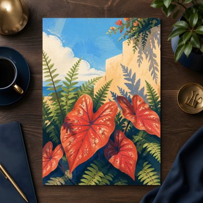 Tropical Botanical Wall Art, Mediterranean Coastal Poster, Terracotta Leaf Decor