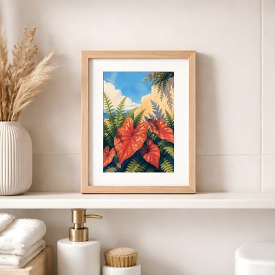Tropical Botanical Wall Art, Mediterranean Coastal Poster, Terracotta Leaf Decor