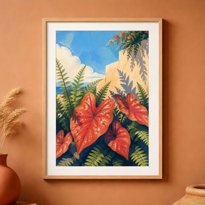 Tropical Botanical Wall Art, Mediterranean Coastal Poster, Terracotta Leaf Decor