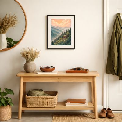 Mountain Cabin Wall Art, Japanese Landscape Poster, Misty Forest Sunset Decor