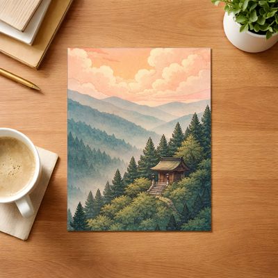 Mountain Cabin Wall Art, Japanese Landscape Poster, Misty Forest Sunset Decor