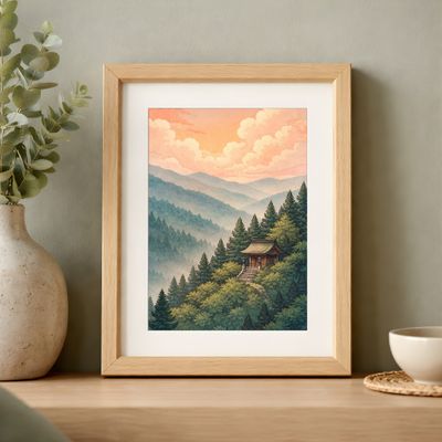 Mountain Cabin Wall Art, Japanese Landscape Poster, Misty Forest Sunset Decor