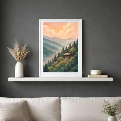 Mountain Cabin Wall Art, Japanese Landscape Poster, Misty Forest Sunset Decor