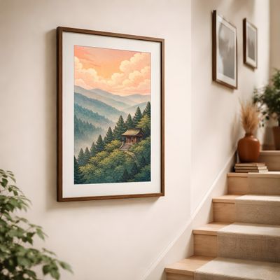 Mountain Cabin Wall Art, Japanese Landscape Poster, Misty Forest Sunset Decor