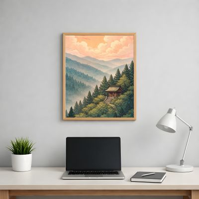 Mountain Cabin Wall Art, Japanese Landscape Poster, Misty Forest Sunset Decor