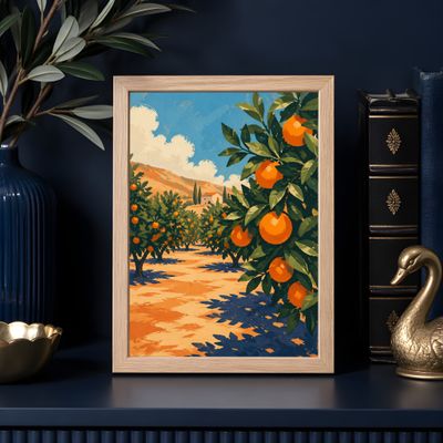 Orange Grove Poster, Mediterranean Landscape Wall Art, Italian Countryside Decor