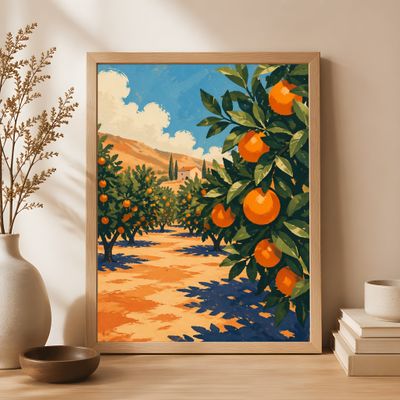 Orange Grove Poster, Mediterranean Landscape Wall Art, Italian Countryside Decor