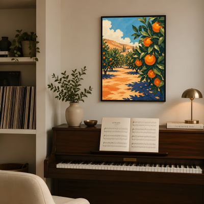 Orange Grove Poster, Mediterranean Landscape Wall Art, Italian Countryside Decor