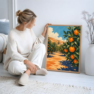 Orange Grove Poster, Mediterranean Landscape Wall Art, Italian Countryside Decor