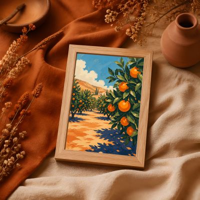 Orange Grove Poster, Mediterranean Landscape Wall Art, Italian Countryside Decor