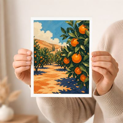 Orange Grove Poster, Mediterranean Landscape Wall Art, Italian Countryside Decor
