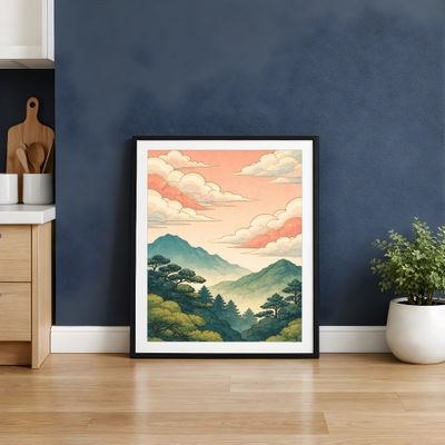 Mountain Landscape Wall Art, Vintage Japanese Sunset Poster, Pastel Sky Nature Decor