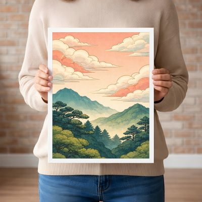 Mountain Landscape Wall Art, Vintage Japanese Sunset Poster, Pastel Sky Nature Decor