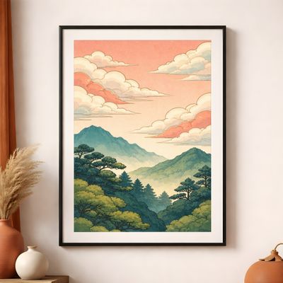 Mountain Landscape Wall Art, Vintage Japanese Sunset Poster, Pastel Sky Nature Decor