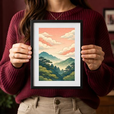 Mountain Landscape Wall Art, Vintage Japanese Sunset Poster, Pastel Sky Nature Decor
