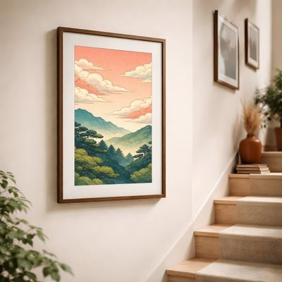 Mountain Landscape Wall Art, Vintage Japanese Sunset Poster, Pastel Sky Nature Decor
