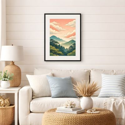 Mountain Landscape Wall Art, Vintage Japanese Sunset Poster, Pastel Sky Nature Decor