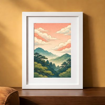 Mountain Landscape Wall Art, Vintage Japanese Sunset Poster, Pastel Sky Nature Decor