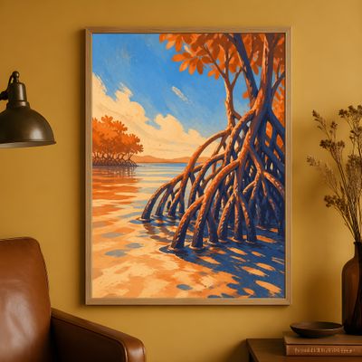 Mangrove Wall Art, Tropical Coastal Poster, Orange Blue Landscape Decor