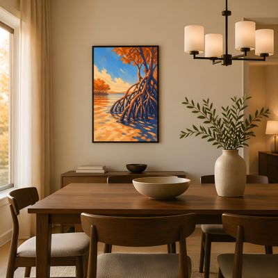 Mangrove Wall Art, Tropical Coastal Poster, Orange Blue Landscape Decor