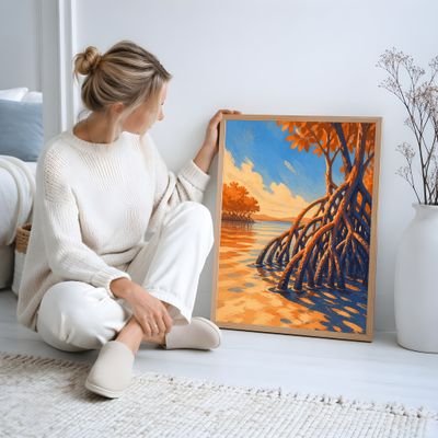 Mangrove Wall Art, Tropical Coastal Poster, Orange Blue Landscape Decor