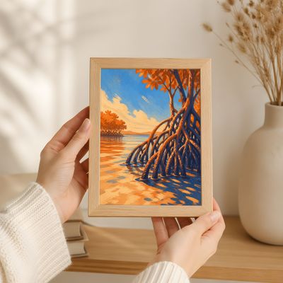 Mangrove Wall Art, Tropical Coastal Poster, Orange Blue Landscape Decor