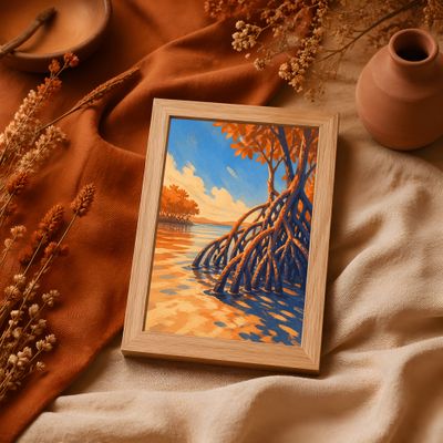 Mangrove Wall Art, Tropical Coastal Poster, Orange Blue Landscape Decor